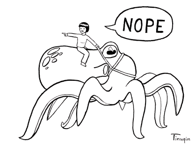 woman riding a cartoon octopus with a speech bubble that says NOPE