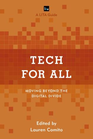Book cover for Tech for All Orange background with darker orange squares and a dark orange bar across the middle for the title text